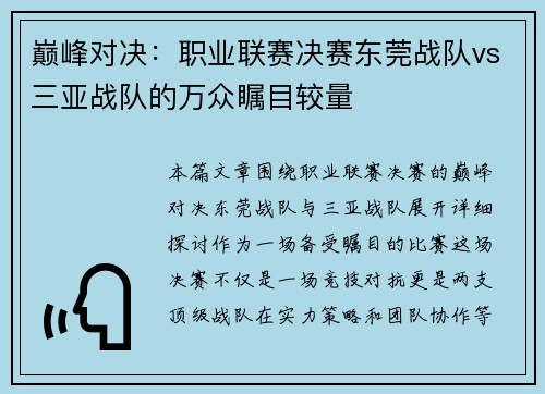 巅峰对决：职业联赛决赛东莞战队vs三亚战队的万众瞩目较量